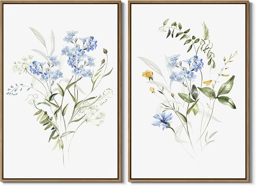 Watercolor Floral Wall Art Blue Yellow Flower Canvas Art Pints Nature Botanical Plants Painting M... | Amazon (US)