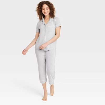 Women's Cloud Knit Modal Short Sleeve Notch Collar Top and Capri Pants Pajama Set - Auden™ Heat... | Target