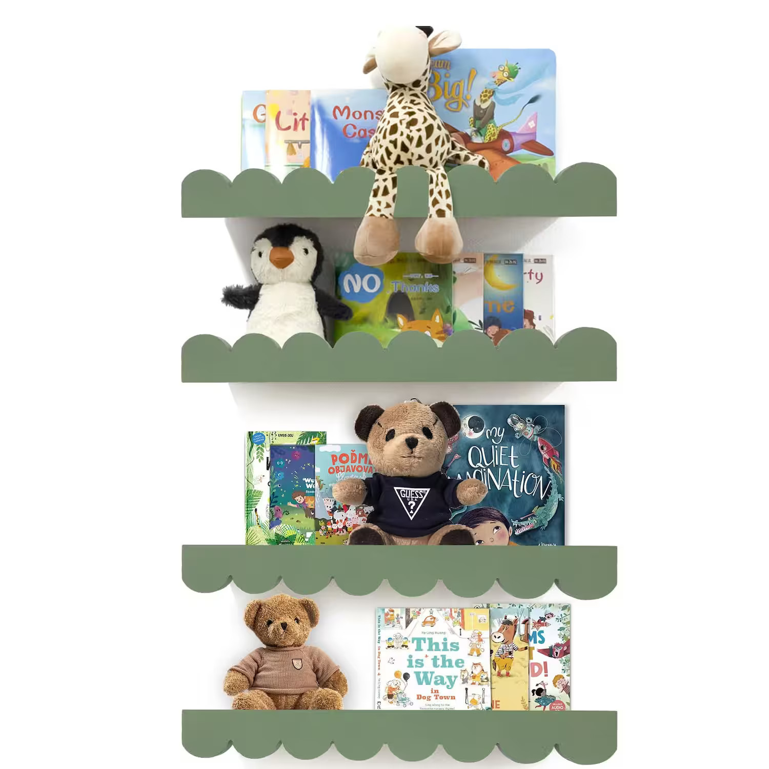 Dazzed Corner - Scalloped Floating Nursery Shelves, 16"" Solid Wood Wall Bookshelves Set of 4 - Sage Wood | Best Buy U.S.