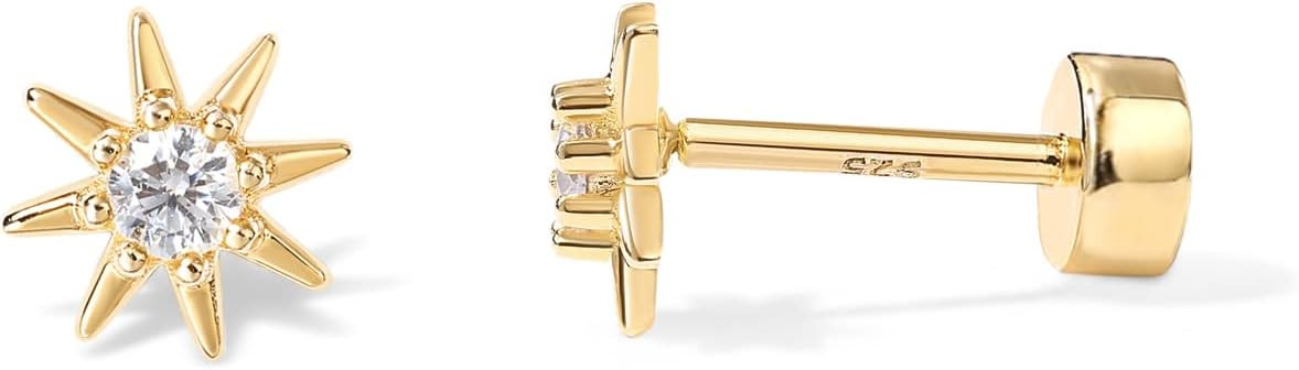 PAVOI 14K Gold Plated CZ Flat Back Earrings for Women, Cartilage Studs | Amazon (US)
