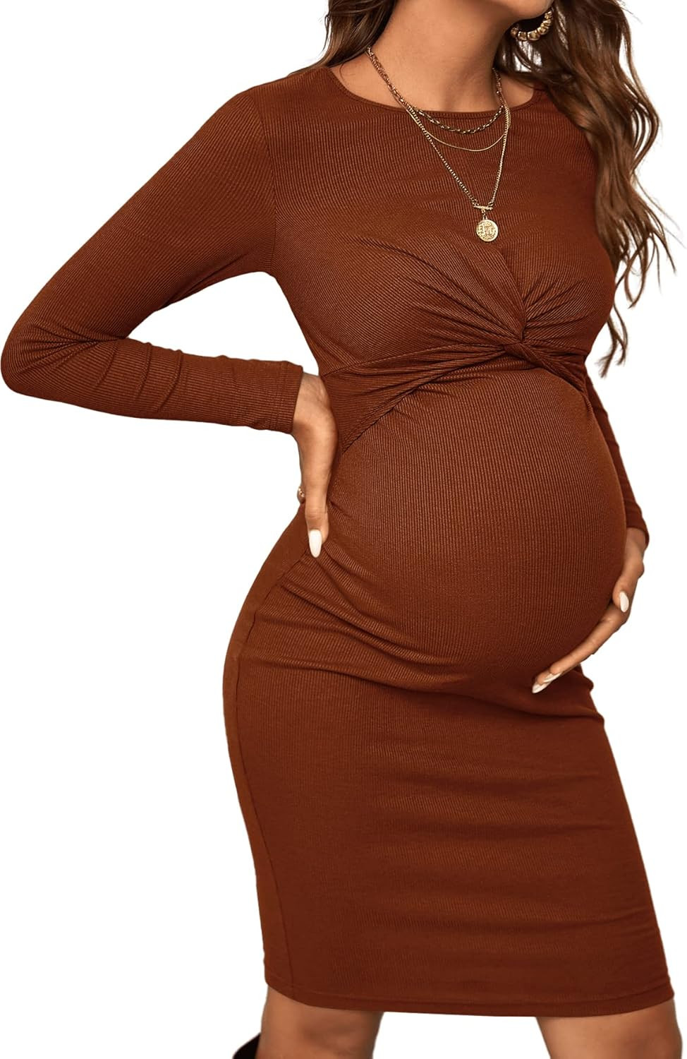 Verdusa Women's Maternity Twist Front Long Sleeve Round Neck Bodycon Dress | Amazon (US)