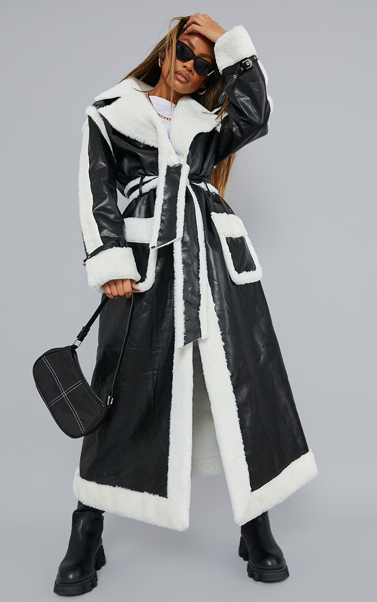 Black PU Contrast Faux Seaming Belted Maxi Coat | PrettyLittleThing US