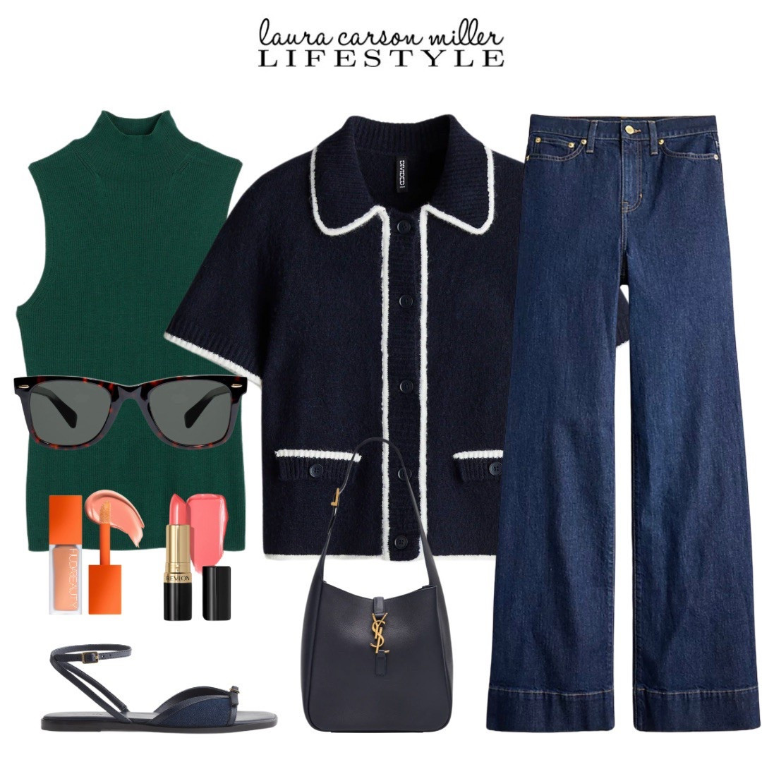 Trouser jeans go anywhere with a sleeve shell in a gorgeous green shade and a navy cardigan with chic collar and pocket details. These denim ankle strap sandals with the navy hobo take any outfit up a notch. Peachy makeup tones embrace the ease and newness of spring.
Laura Carson Miller, trouser jeans, hobo bag, shell sweater, cardigan, ankle strap flats, peach makeup, style guide, lifestyle blogger, spring outfit 

#LTKStyleTip #LTKFindsUnder100 #LTKShoeCrush