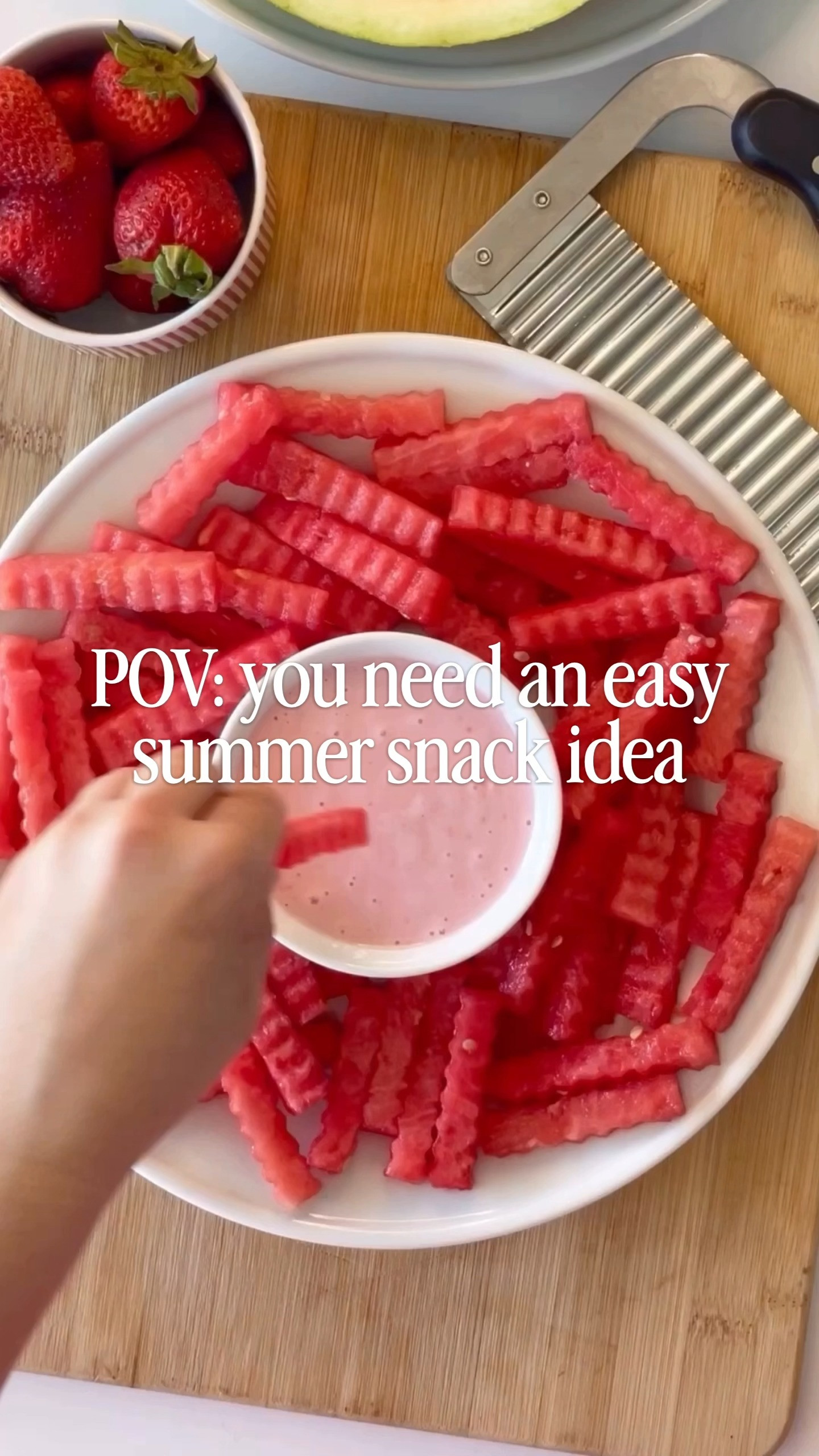 To make the VIRAL WATERMELON FRIES w/ Strawberry Yogurt Dip 🍉🍟🍓

All you do is use the crinkle cutter to slice your watermelon fries + Blend Vanilla Greek Yogurt with 4 strawberries + honey and dip. SO EASY! 

 #LTKfoodie #LTKSeasonal #LTKHome
