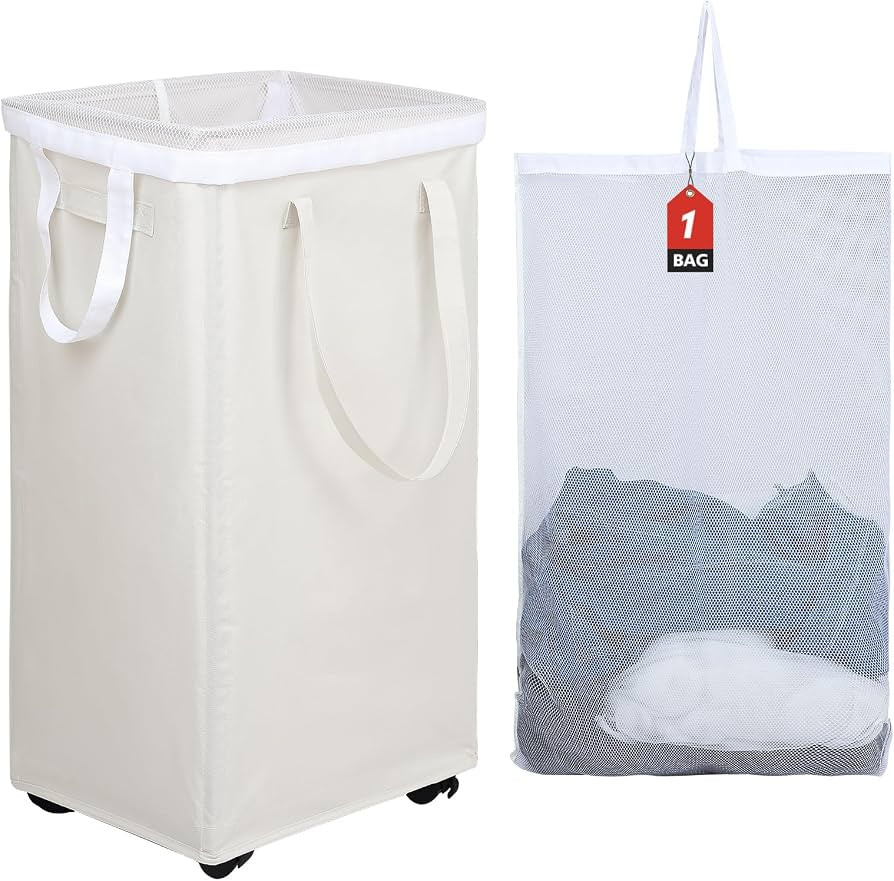 DOKEHOM 90L X-Large Rolling Laundry Basket Hamper on Wheels, Beige | Amazon (US)