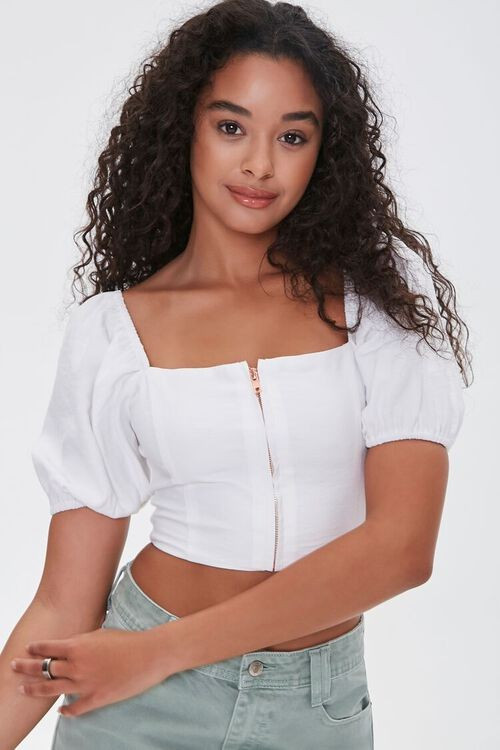 Zip-Up Puff-Sleeve Crop Top | Forever 21 (US)