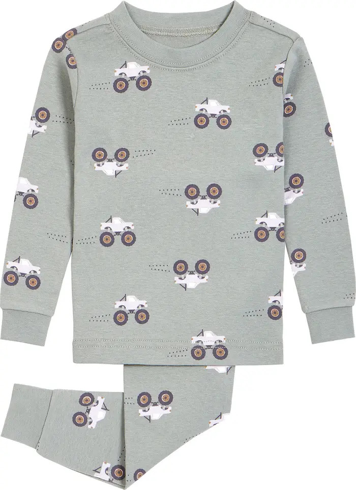 Petit Lem Monster Truck Print Fitted Two-Piece Organic Cotton Pajamas | Nordstrom | Nordstrom