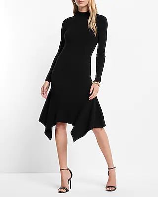 Mock Neck Ribbed Asymmetrical Hem Sweater Midi Dress | Express