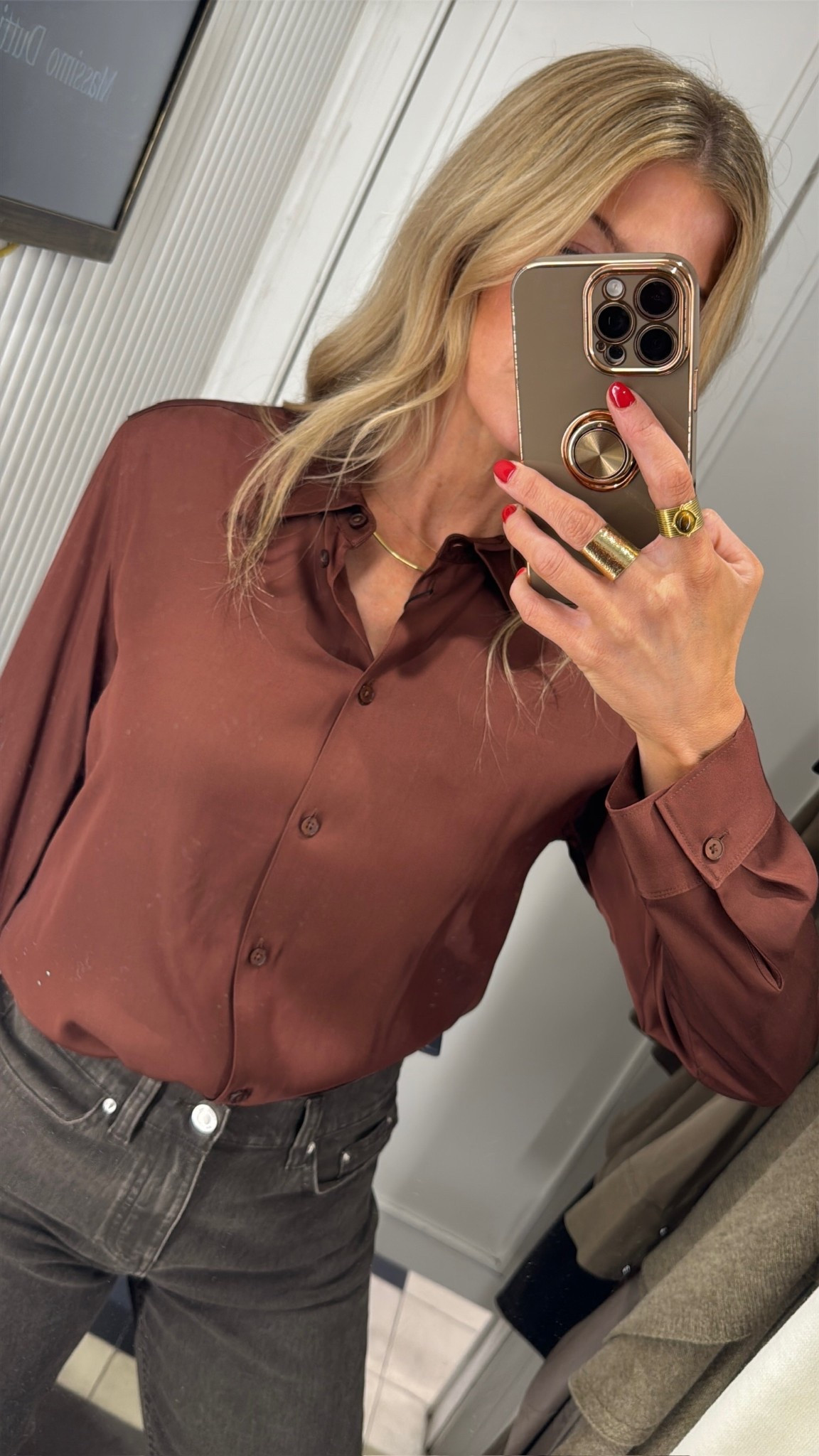 Brown satin button down! 
Top: run TTS

#LTKBeauty #LTKSeasonal #LTKStyleTip