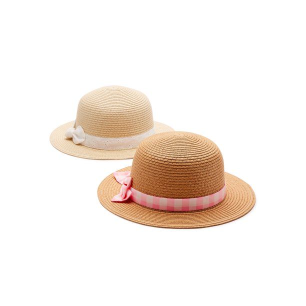 Wonder Nation Straw  Sun Hats with White Eyelet and Pink Gingham Fabric Bands for Toddler Girls, ... | Walmart (US)