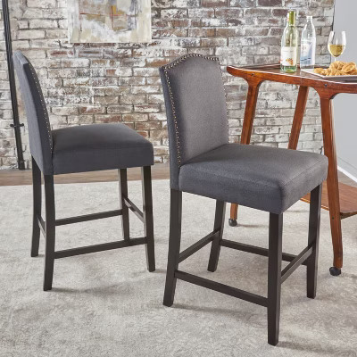 Set of 2 Upholstered Bar Stools Counter Stools Dining Chairs Pub Kitchen Stools with Nailhead Trim, Vintage&Antique, Gray-ModernLuxe | Target
