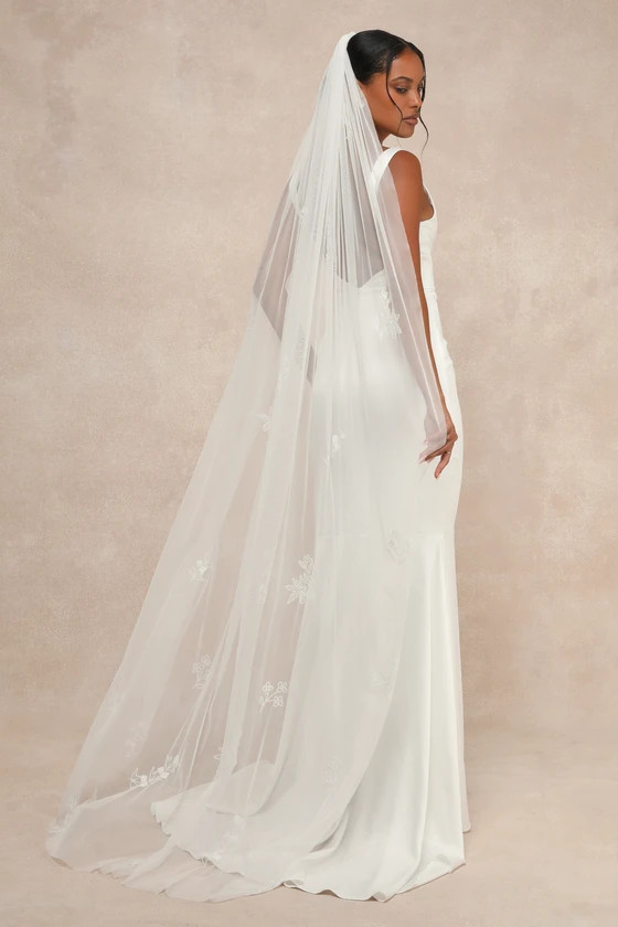Perfect Details White Beaded Floral Cathedral-Length Mesh Veil | Lulus