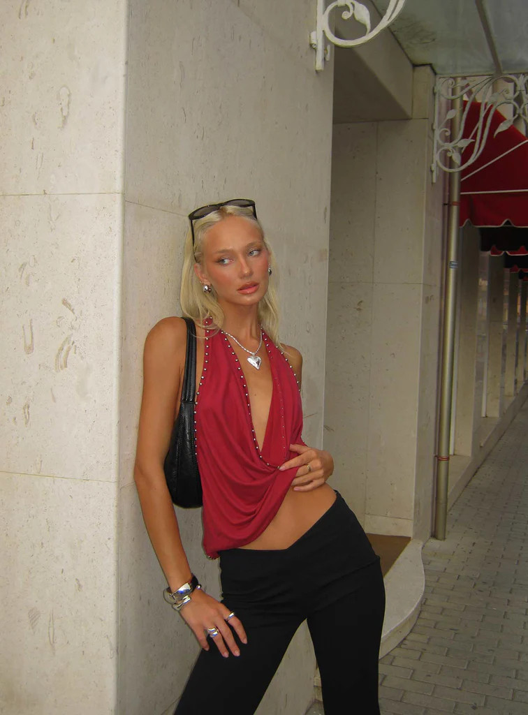 Khoda Studded Halter Top Burgundy | Princess Polly US