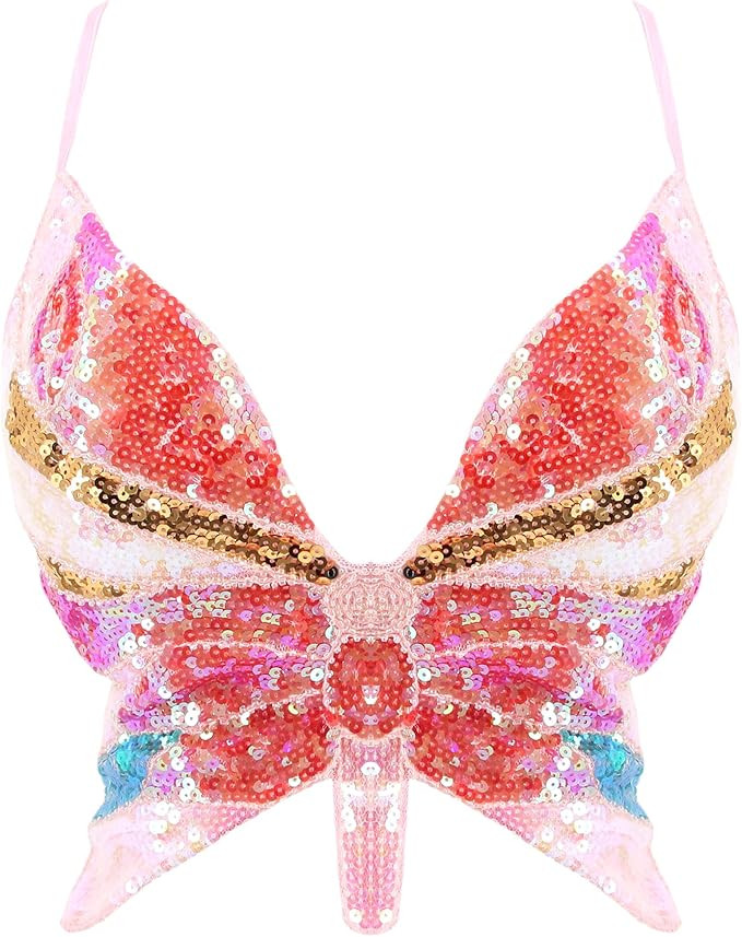 Amazon.com: Mocure Women's Sparkly Butterfly Sequin Crop Top - Sexy Sleeveless Halter Rave Vest f... | Amazon (US)