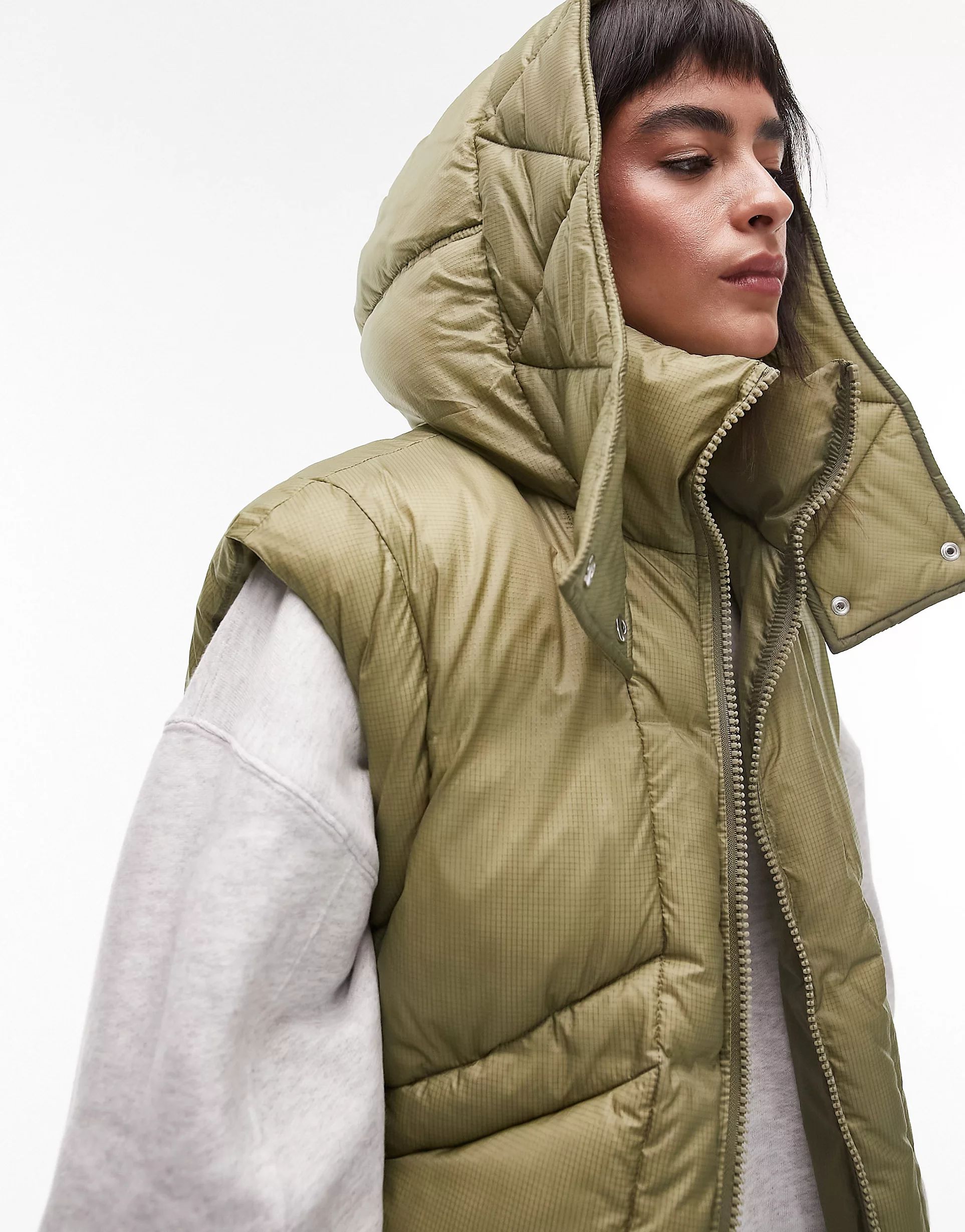 Topshop oversized hooded puffer vest with seam details in khaki | ASOS (Global)