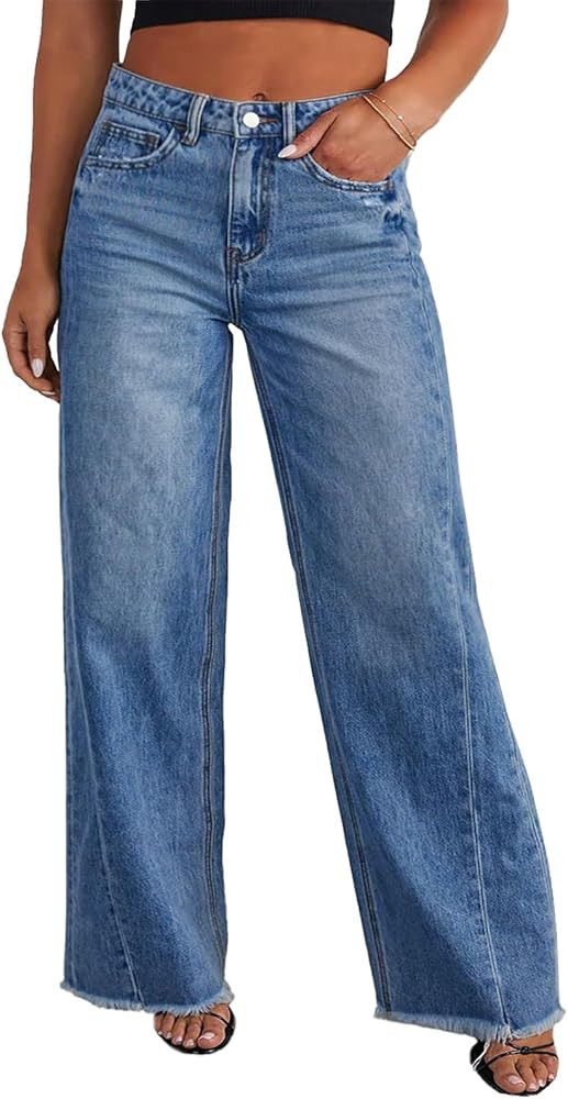 Eytino Women's Plus Size Wide Leg Jeans Elastic High Waist Stretchy Raw Hem Denim Pants with Pock... | Amazon (US)