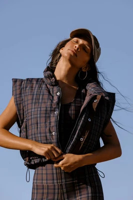 Canyon Puffer Vest Chocolate Bar Plaid | Beach Riot