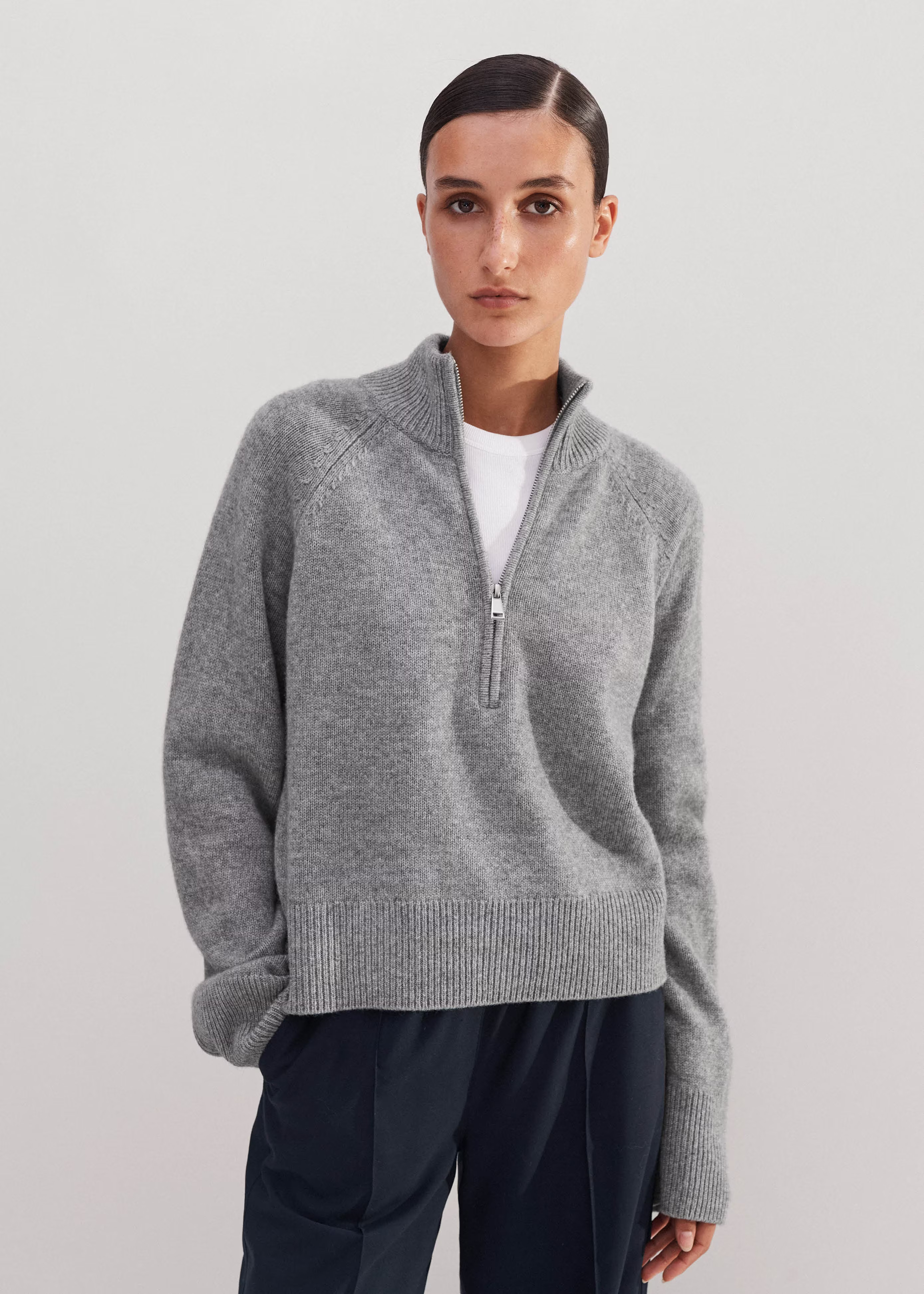 Women's Grey Merino Cashmere High Zip Neck Crop Jumper | ME+EM | ME+EM Global (Excluding US)