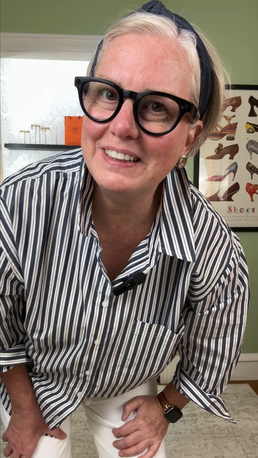 Work from Home Outfit - Today was a cozy casual video editing day. I’m wearing a Quince Navy and White striped shirt, white triple fleece cropped pants from Frank and Eileen, Lacoste sneakers, a chambray headband, and RayBan Meta smart glasses. #ootd

#LTKWorkwear #LTKOver40 #LTKMidsize