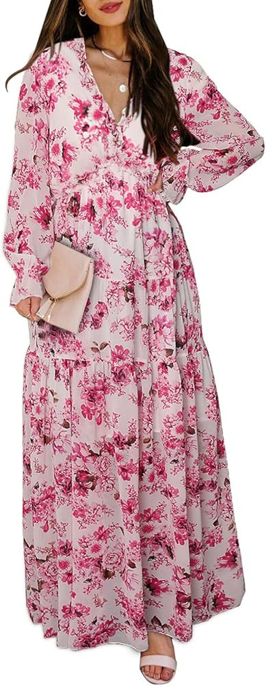 BLENCOT Womens Casual Floral Deep V Neck Long Sleeve Long Evening Dress Cocktail Party Maxi Weddi... | Amazon (US)