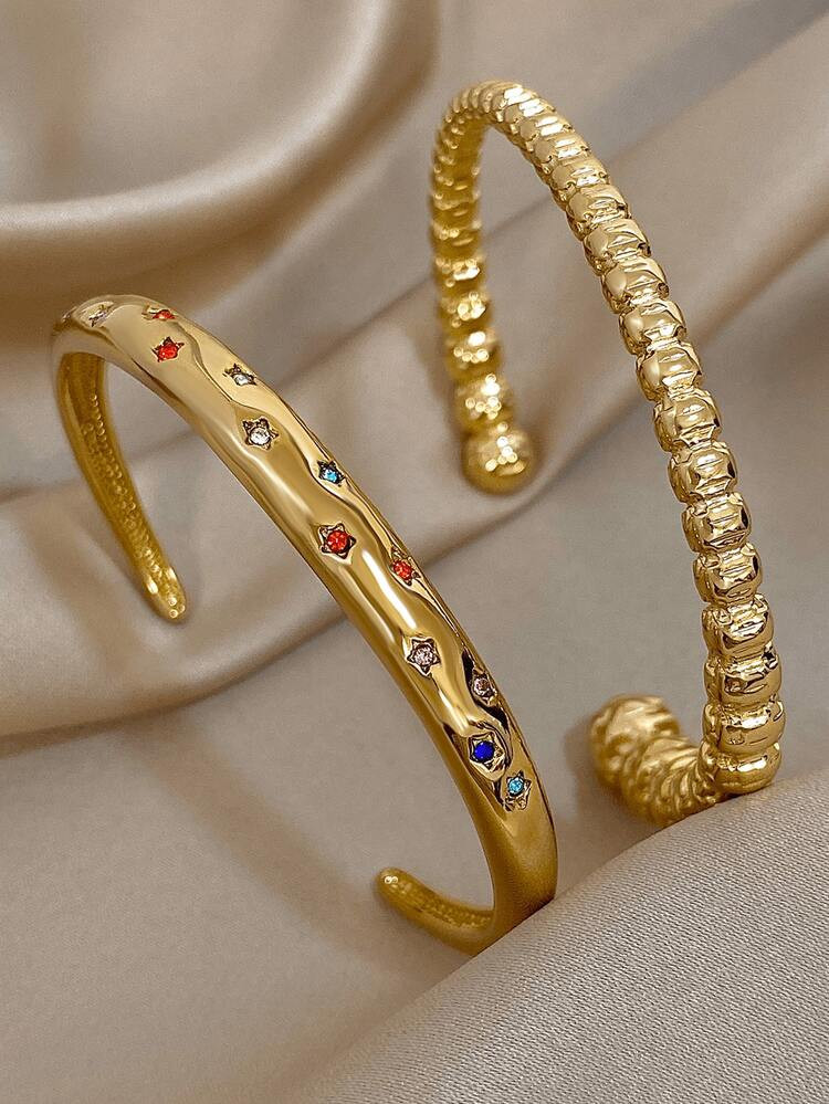 18K Gold Plated Stainless Steel Edgy Cuff Bangle Bracelets Set With Multicolor Zirconia For Women... | SHEIN