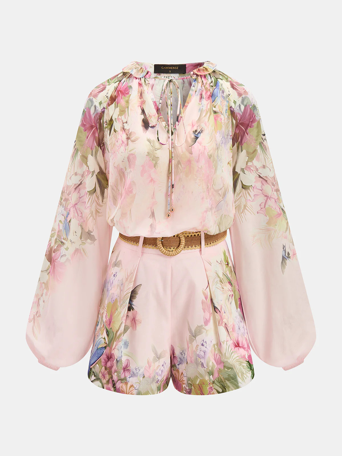 Floral Print Blouse & Belted Shorts Set | Commense