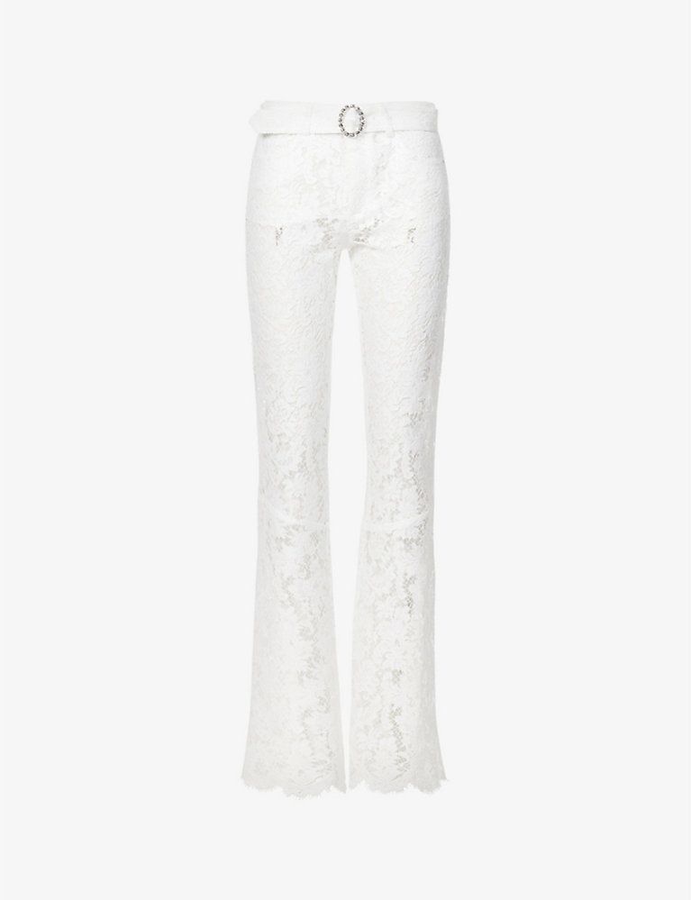 Lace-embroidered belted wide-leg high-rise cotton-blend trousers | Selfridges