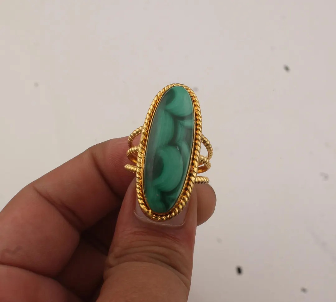 Malachite Green Gemstone Ring: 18k Gold Plated Oval Statement, Boho Vintage Style - Etsy | Etsy (US)