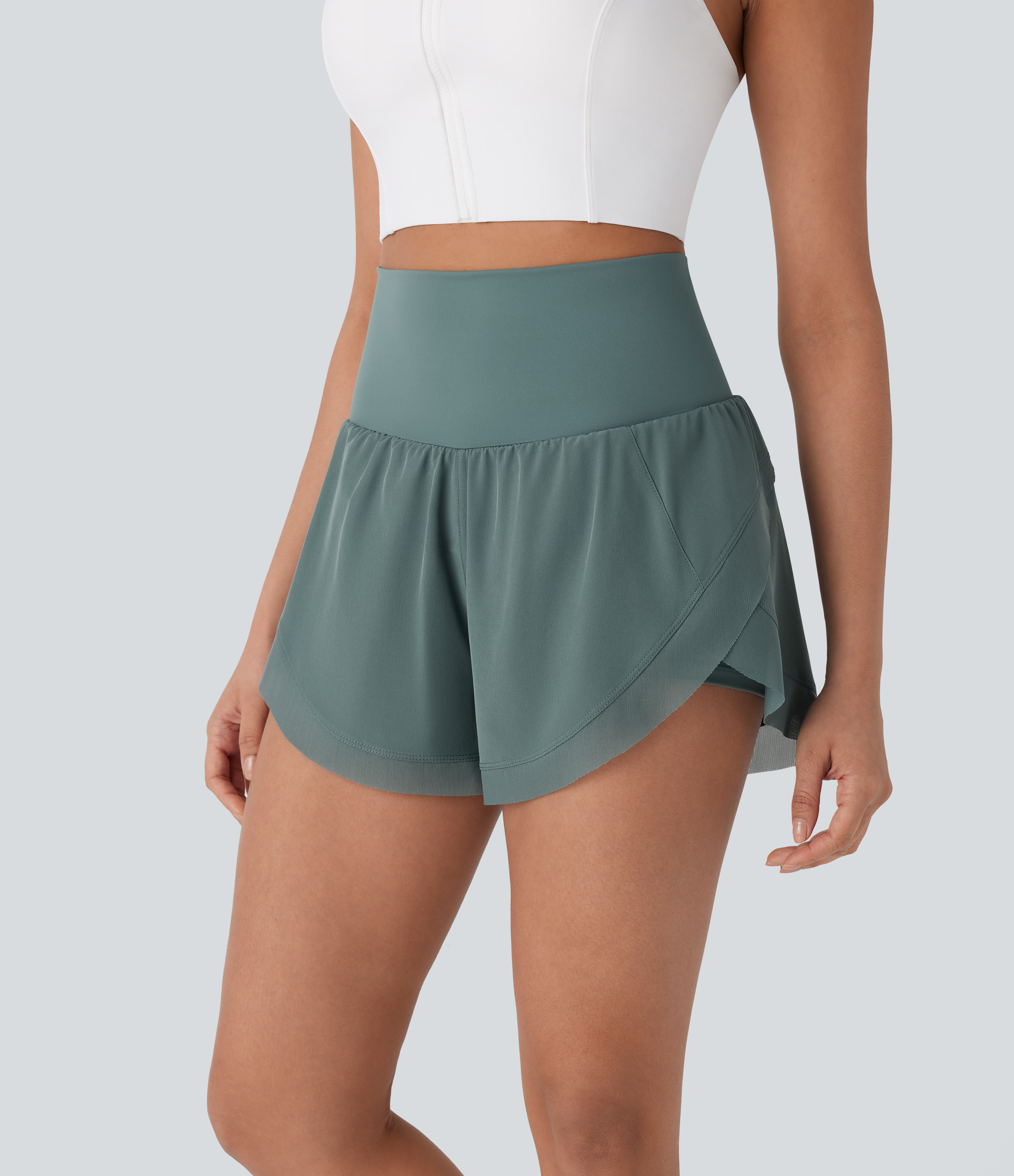 Halara High Waisted Pocket 2-in-1 Contrast Mesh Curved Hem Running Shorts 3'' Gym Short - Trooper - M booty shorts compression shorts | HALARA
