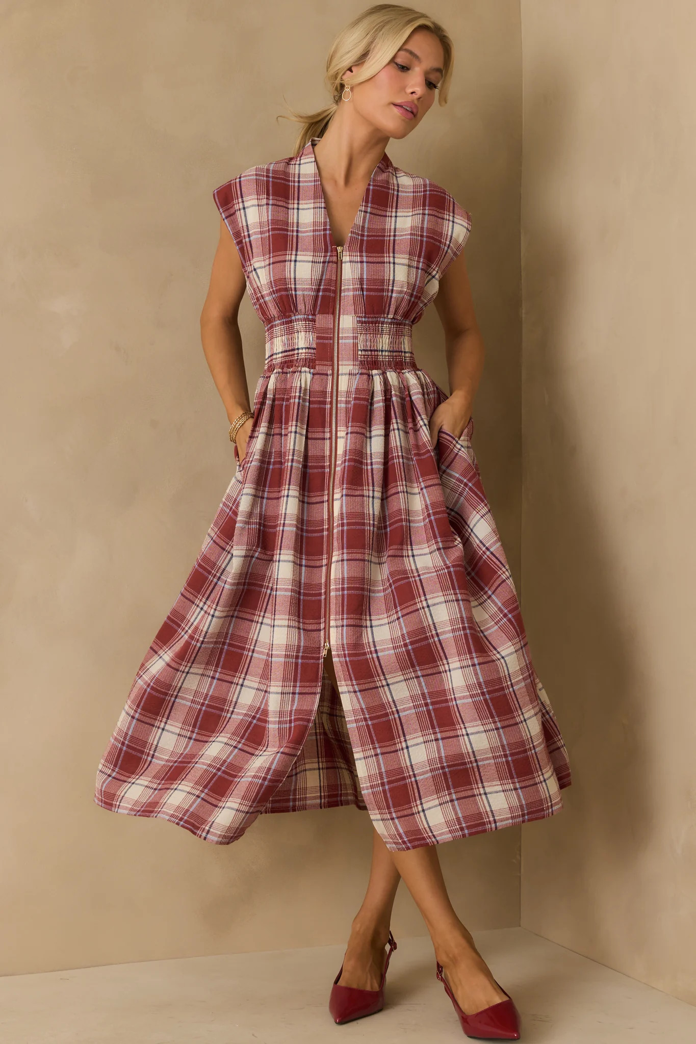 The Evette Red Tartan Plaid Cotton Zip Front Midi Dress | Red Dress