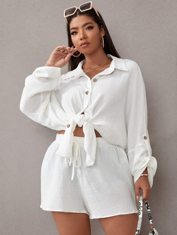 Plus Solid Button Front Blouse & Shorts | SHEIN
