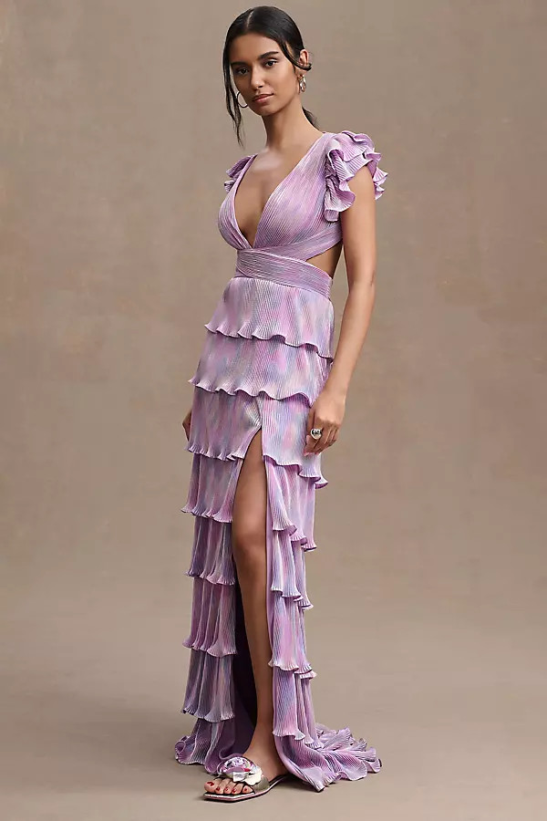 Mac Duggal Tiered Plissé Lace-Up Flutter-Sleeve Column Gown | Anthropologie (US)