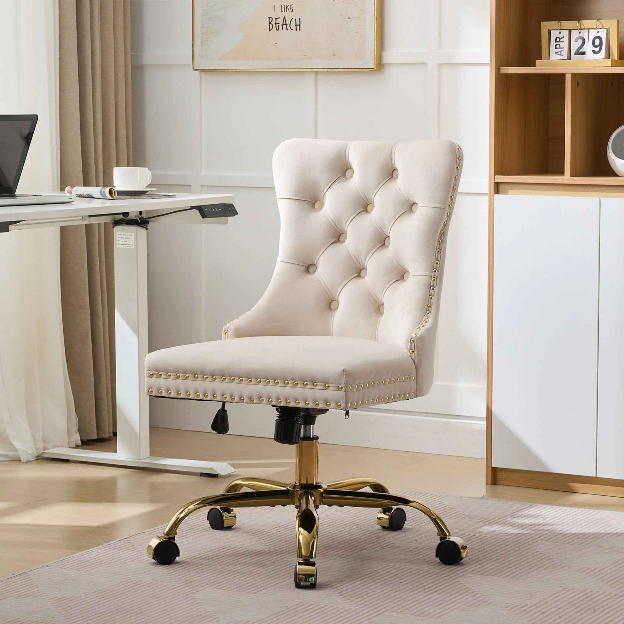 Angel Sar Modern Velvet Upholstered Office Chair with Tufted Back Gold Metal Base Adjustable Swivel Desk Chair for Home Office Beige one_size | Lowe's