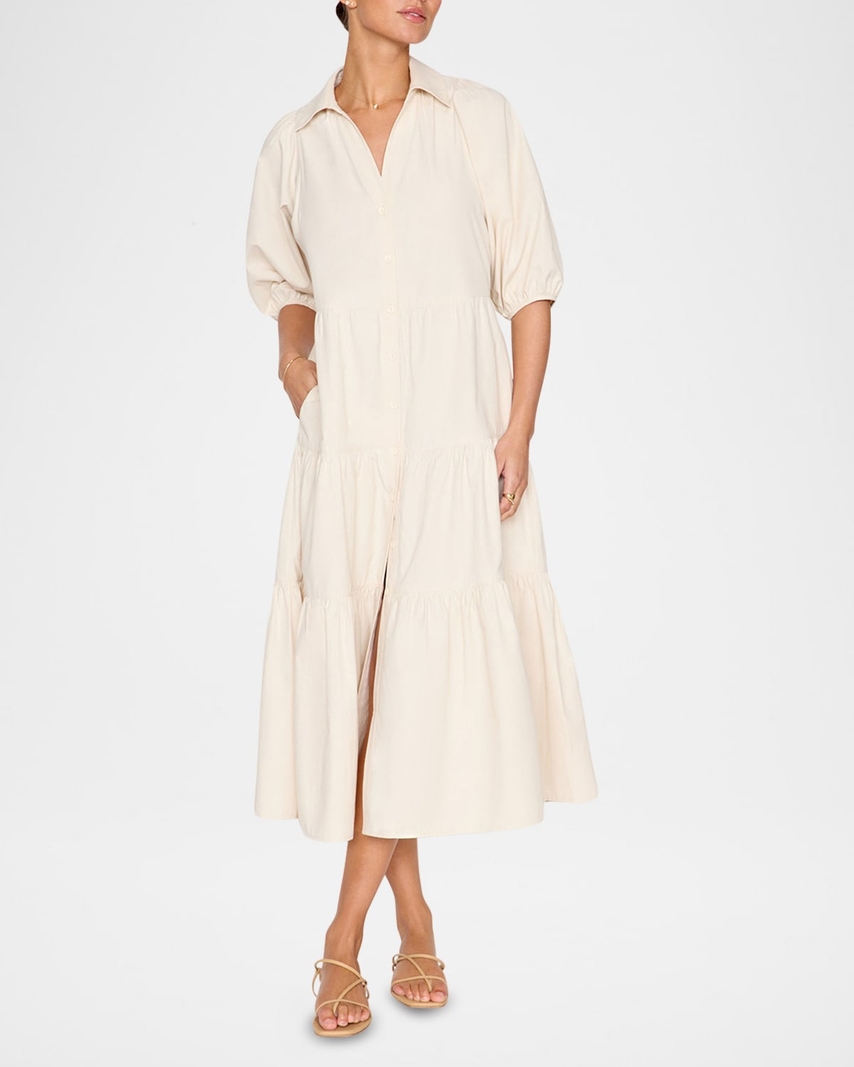 Antigua Tiered Blouson-Sleeve Midi Dress | Neiman Marcus