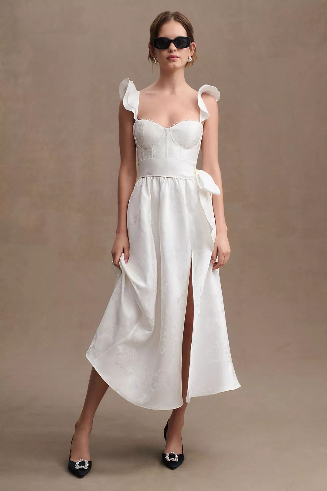 V. Chapman Vera Satin Ruffled-Sleeve Bustier Midi Dress | Anthropologie (US)