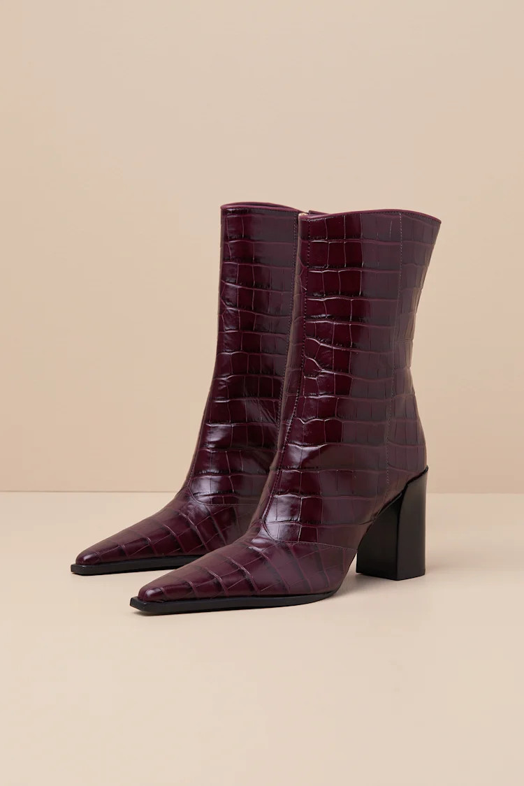 Raffaela Merlot Wine Leather Croc-Embossed Ankle Boots | Lulus