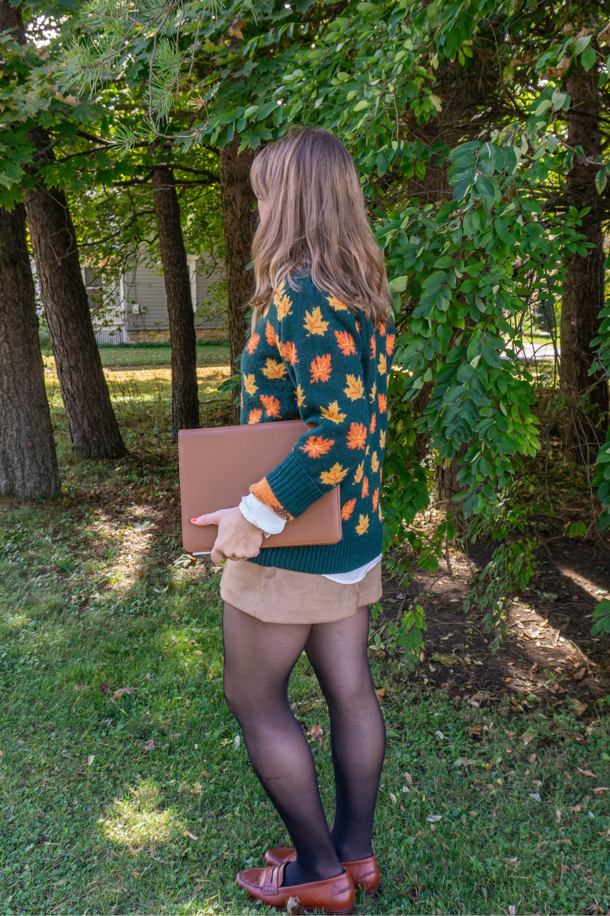 Suede skirt, mini skirt, leaf sweater, fall outfit, ootd, wfh outfit, cozy, loafers, Twee, leather portfolio 

#LTKSeasonal #LTKShoeCrush #LTKFindsUnder100