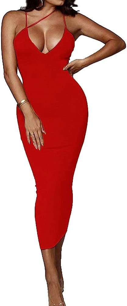 Women's Sexy Neon Asymmetrical Spaghetti Strap Dress Deep V-Neck Sleeveless Bodycon Midi Club Dre... | Amazon (US)