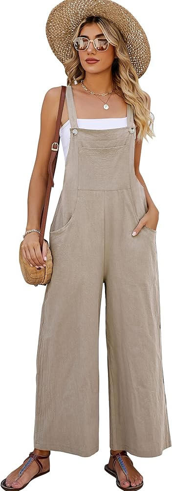 COZYPOIN Women's Cotton Bib Overalls Wide Leg Loose Fit Jumpsuit Baggy Fashion Sleeveless Rompers | Amazon (US)