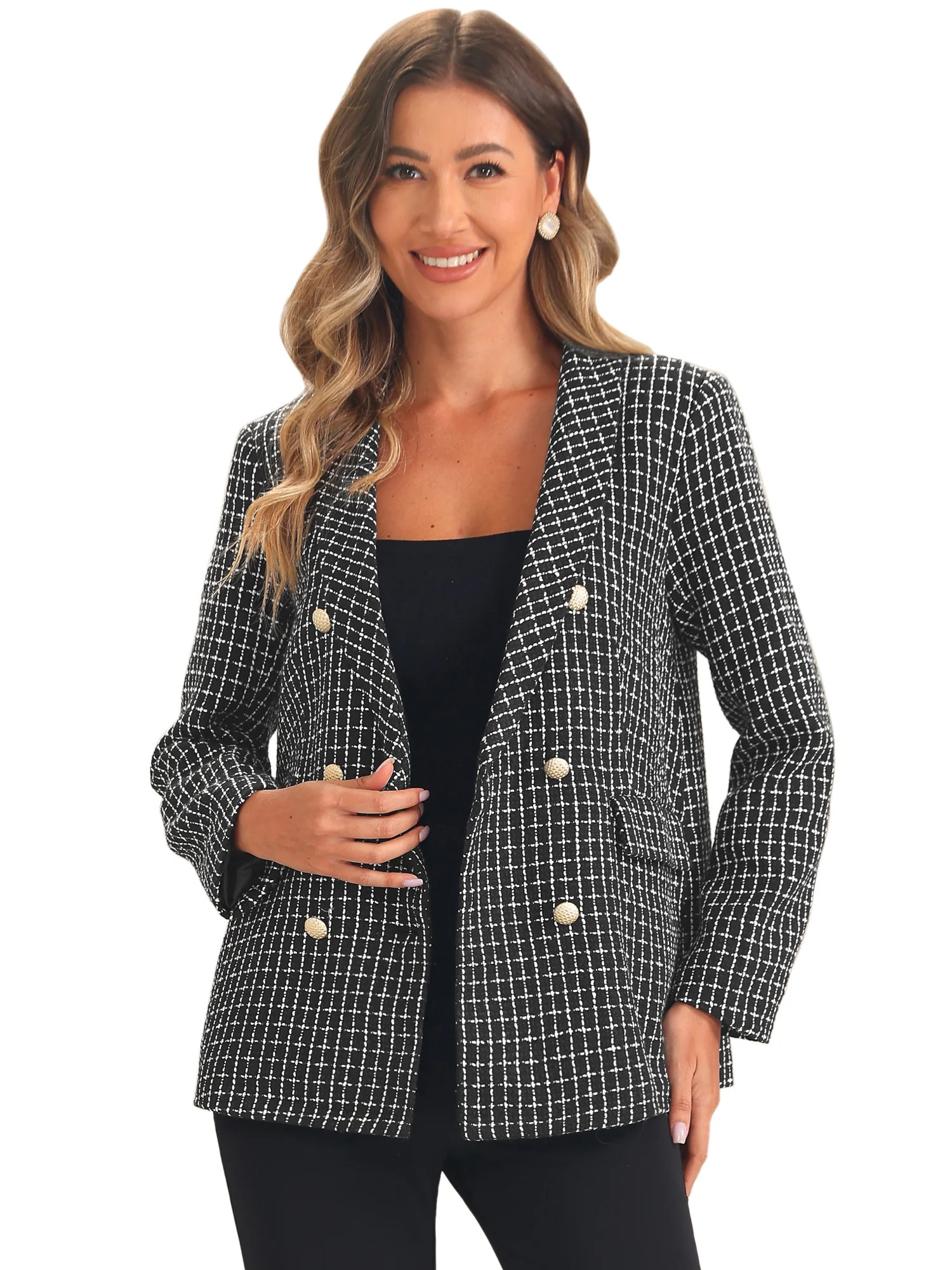 DARING DIVA Women's Tweed Blazer Button Front Plaids Jacket Coat XS Black | Walmart (US)