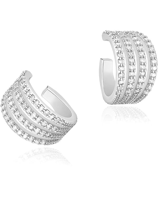 Lansora Cz Paved Leaf Vine Wave Criss Cross Ear Cuffs Earrings Cubic Zirconia Silver Gold Non Pie... | Amazon (US)