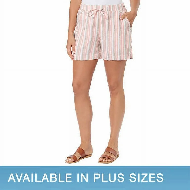 Briggs Women's Smoked Elastic Waist Linen Blend Pull-On Shorts (Pink Stripe, S) | Walmart (US)