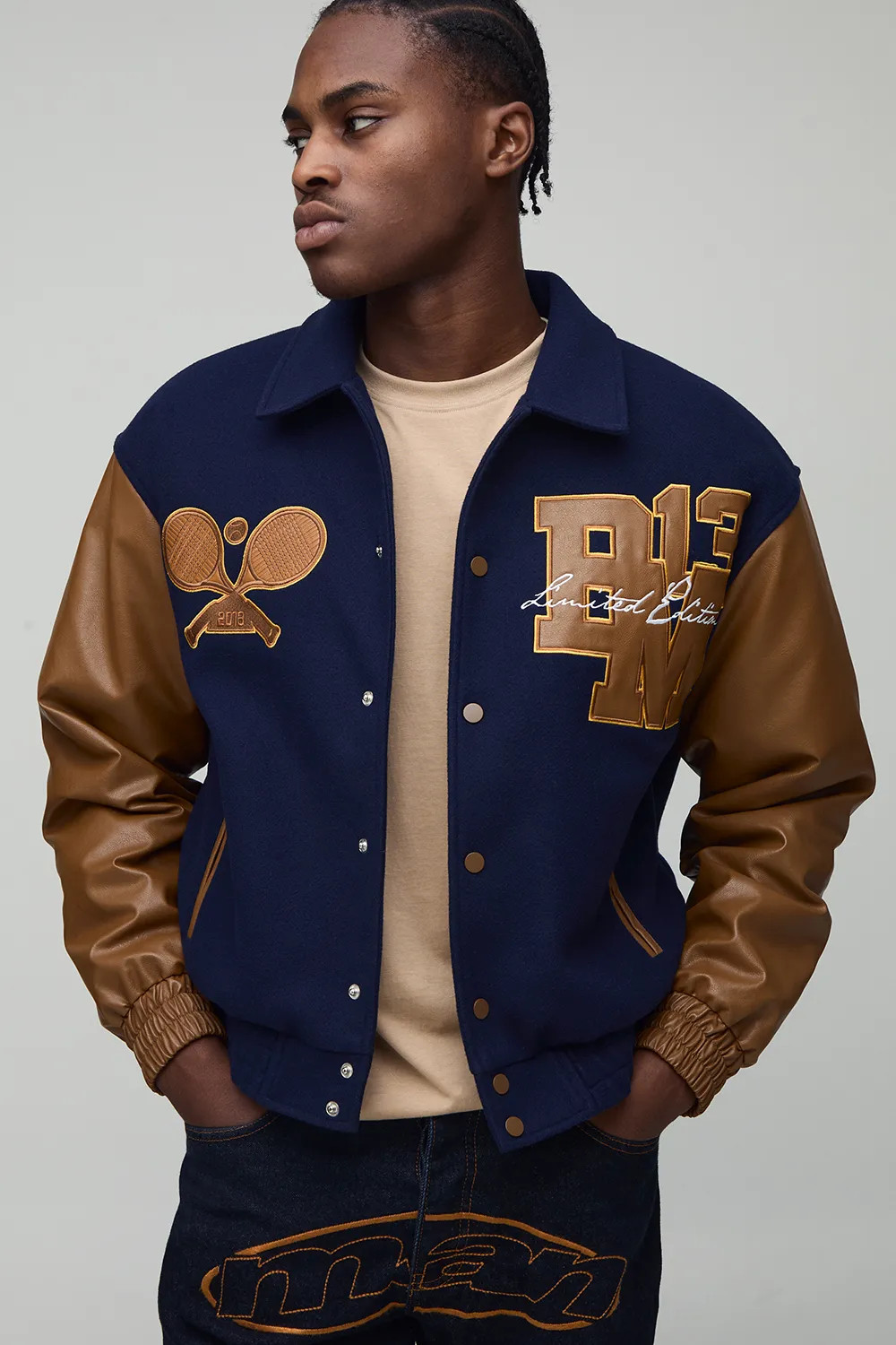 Jackets & Coats | Boxy OFCL MAN Tennis Applique Melton Varsity Bomber Jacket | boohooMAN | boohooMAN (US & Canada)