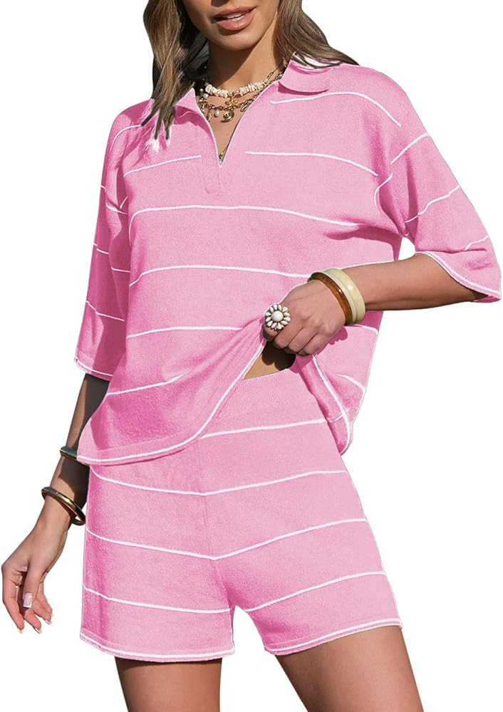 EXLURA Womens Summer 2 Piece Outfits Faux Cashmere Sweater Knit V Neck Tops Matching Shorts Sets ... | Amazon (US)