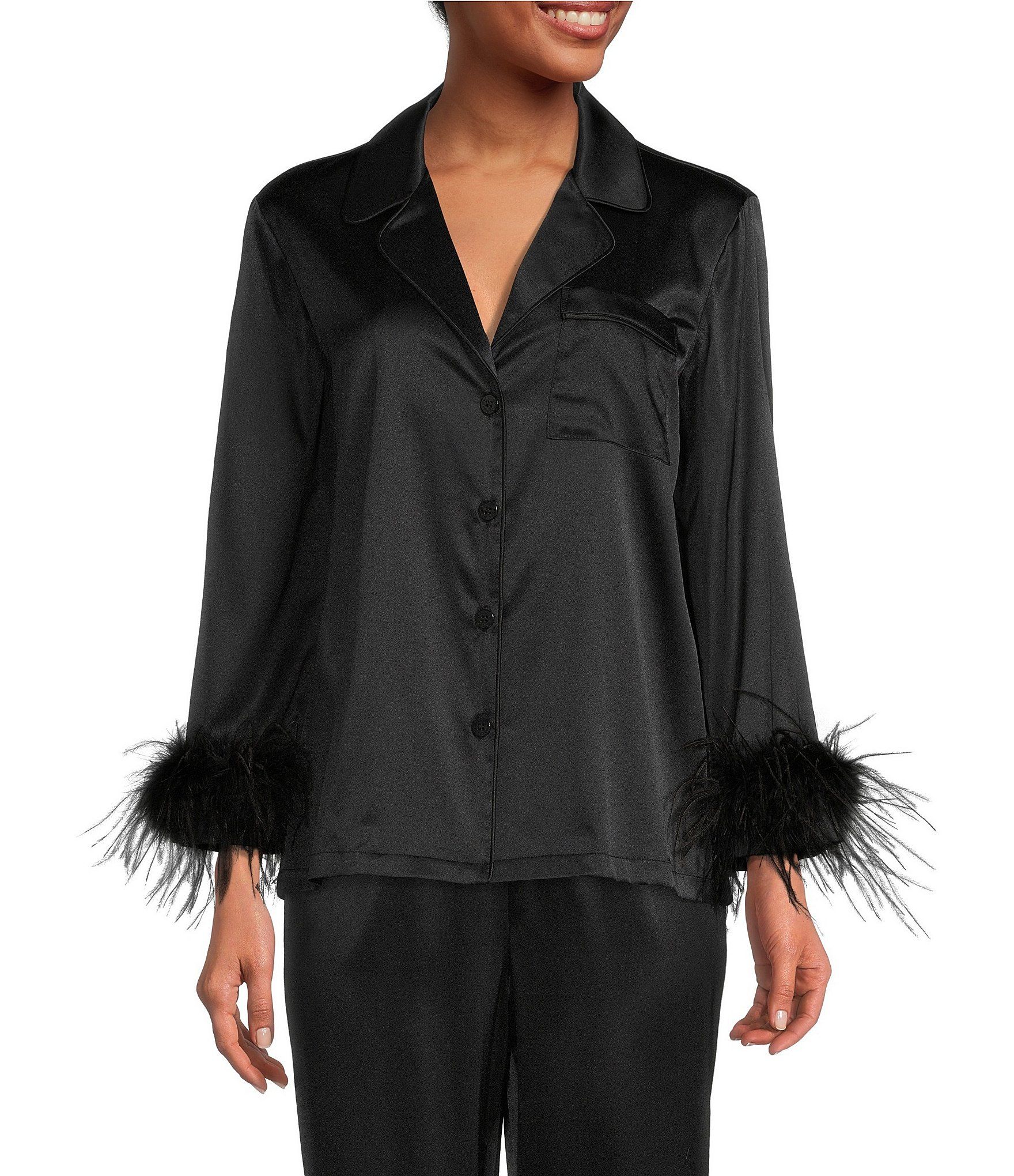 Angeline Notch Collar Long Sleeve Feathered Button Front Silk Top | Dillard's