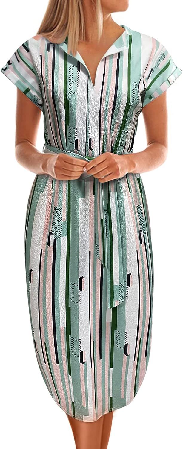 TEMOFON Women's Dresses Summer Floral Geometric Pattern Short Sleeve Midi V-Neck Casual Dress wit... | Amazon (US)