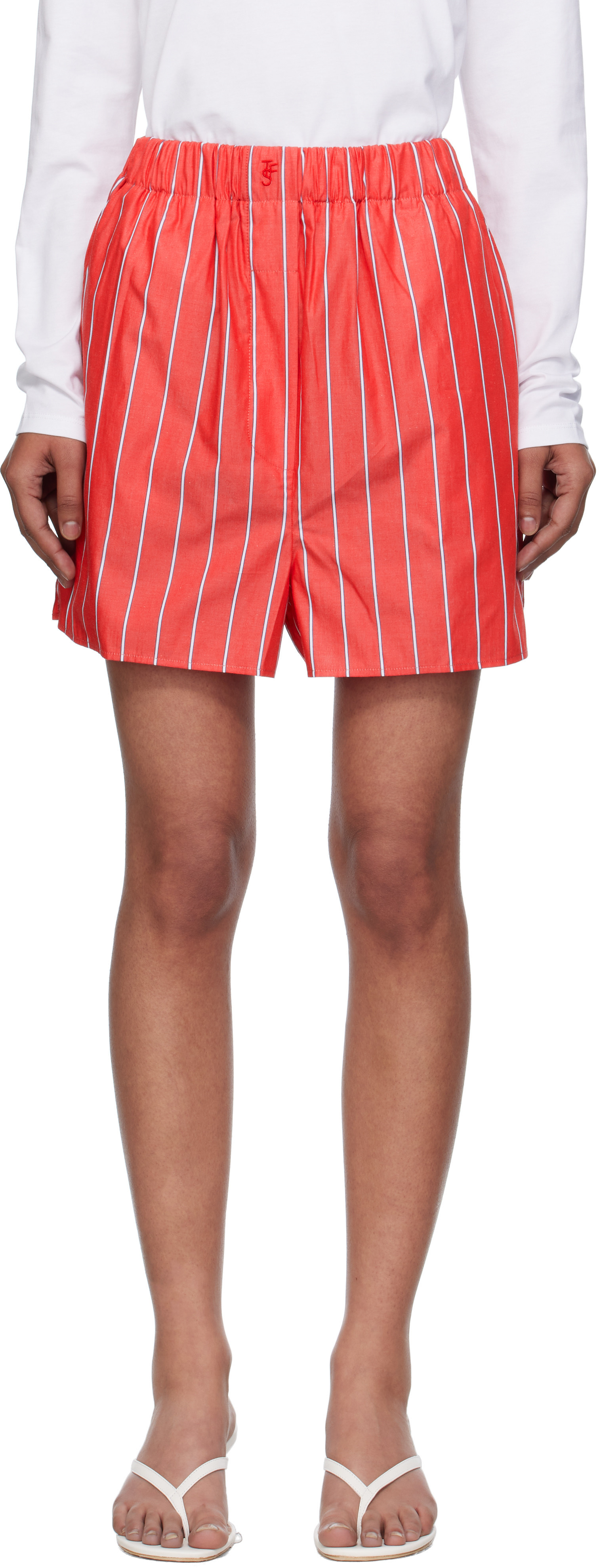 The Frankie Shop Red & White Lui Striped Cotton Boxer Shorts | SSENSE