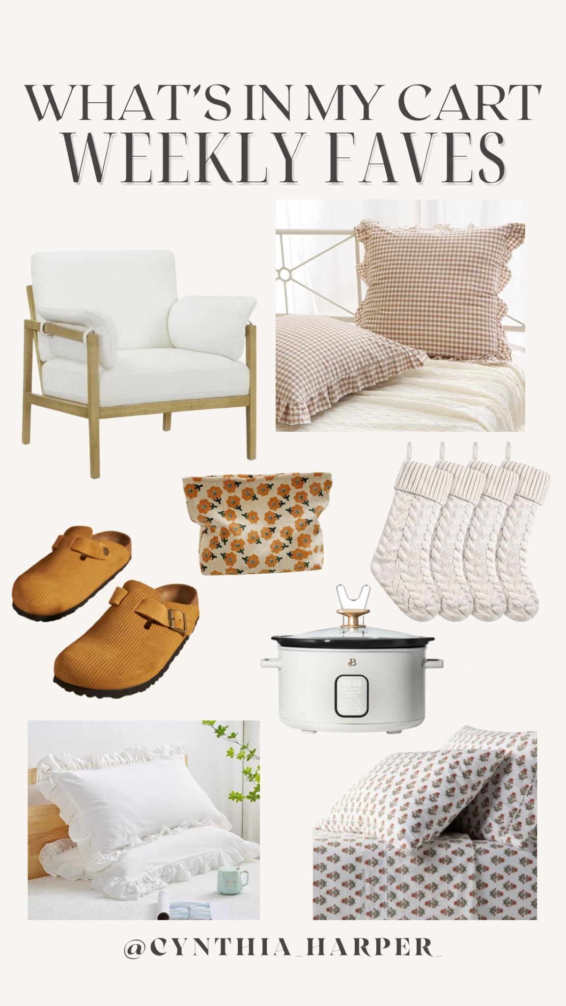 What’s in my cart: Weekly Faves!

Cutest finds that I have my eye on. Gingham pillows, ruffled pillows, oversized chair, stockings, clogs, crockpot, new sheets! 