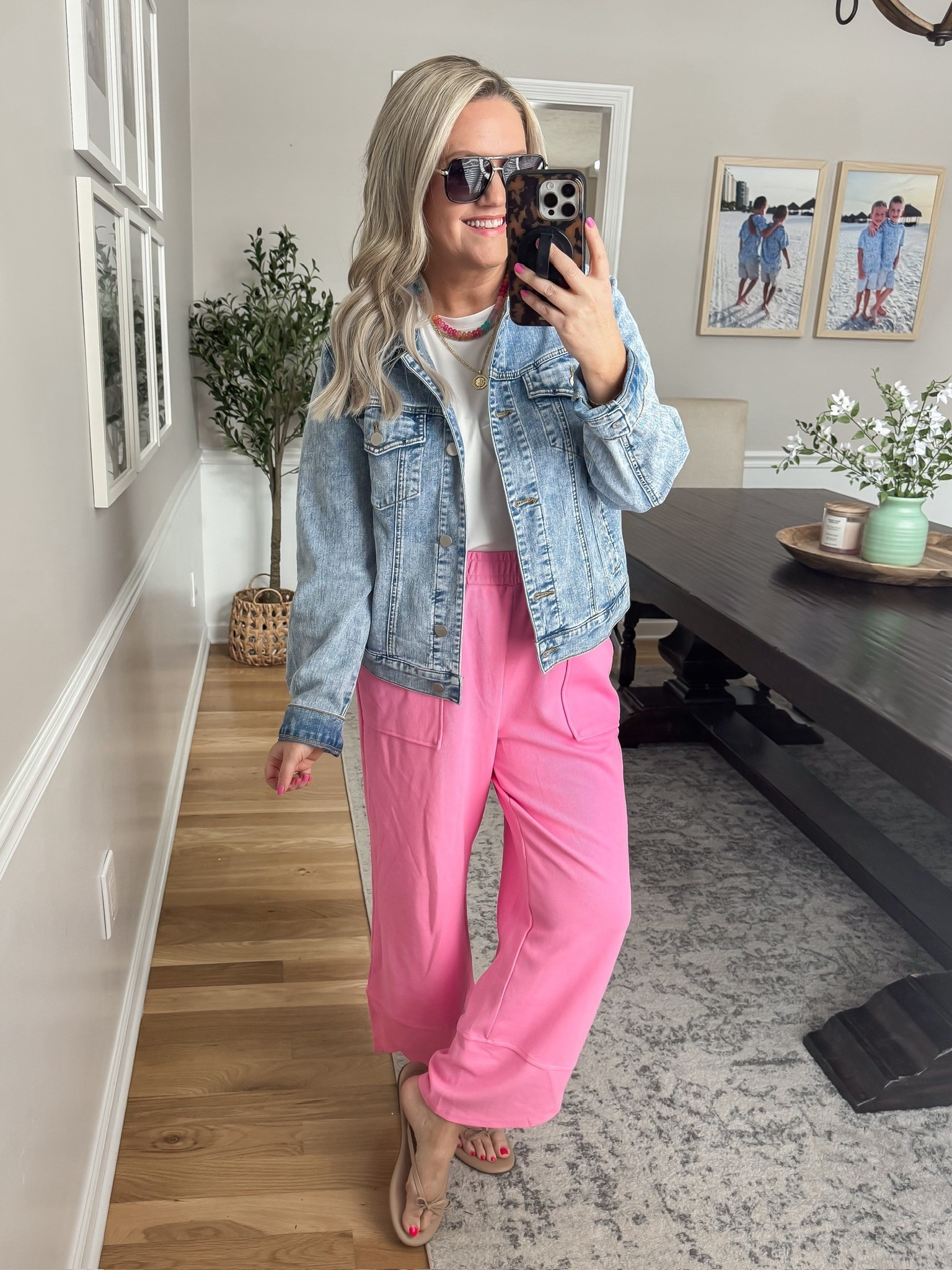 This outfit is such an easy and comfy spring look. The pink sweats paired with a classic white t shirt and denim jacket feel casual but still put together, and finished with flip flops it is perfect for errands or everyday wear.

Wearing size small.

spring outfit ideas pink sweats outfit denim jacket outfit white t shirt outfit casual spring outfit comfy chic outfit everyday style athleisure outfit womens spring fashion effortless outfit lovelylifestyling

#LTKOver40 #LTKmomlife #LTKSeasonal
