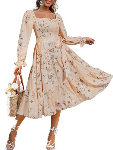 Amegoya Women's Floral Long Sleeve Midi Dress Boho Wedding Guest Dress Square Neck Smocked Tiered Flowy Dress (Floral Peach M) | Amazon (US)